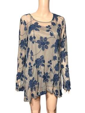 Blu Pepper Vintage Sheer Mesh Floral Embroidered Long Sleeve Tunic Top Size L
